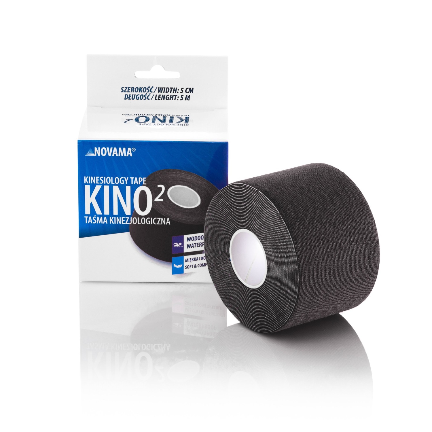 Novama kino2 - taśma kinezjologiczna czarna, wodoodporna, miękka i komfortowa, 5 cm x 5 m, 1 sztuka