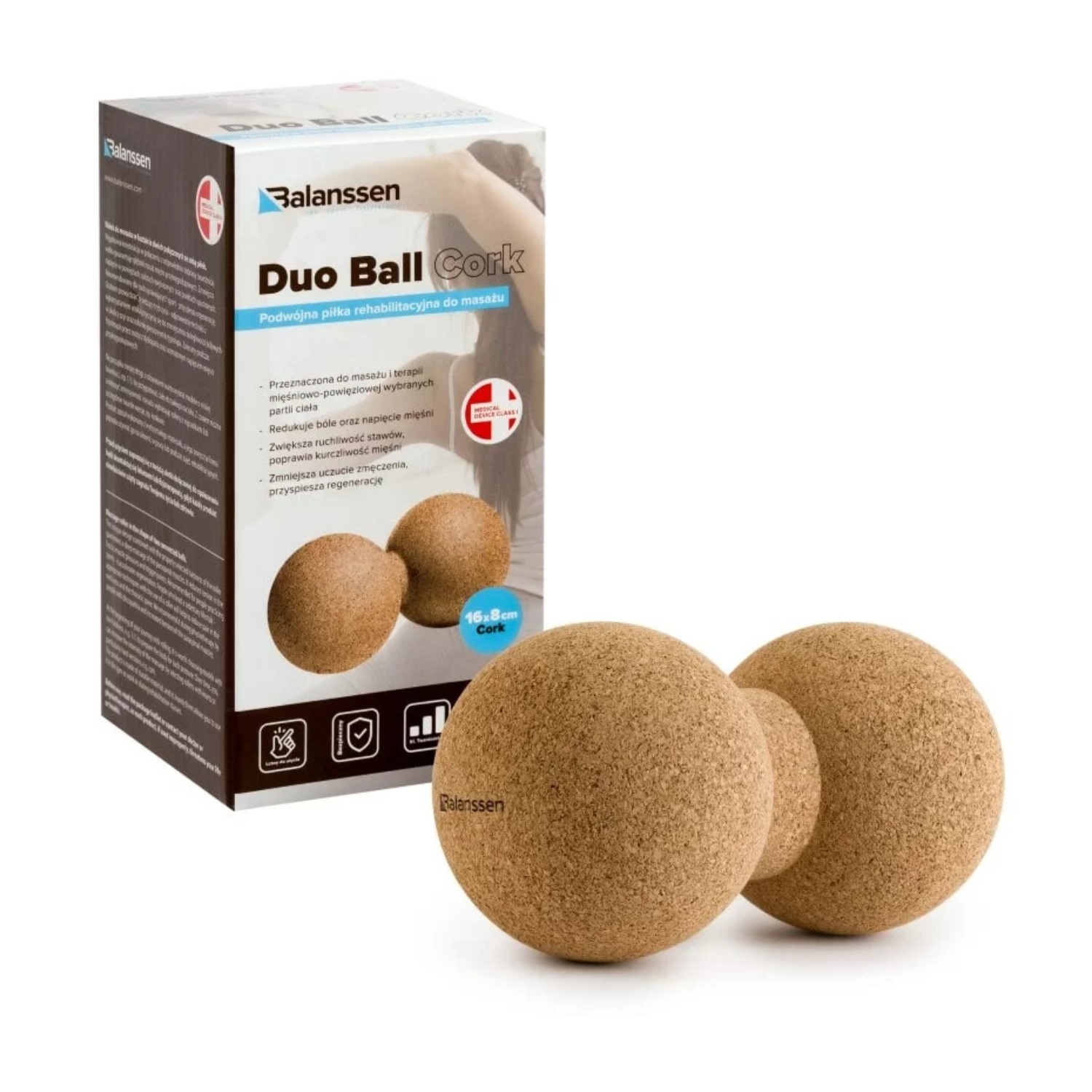 Balanssen duo ball cork, podwójna korkowa piłka do masażu, 8x16 cm, 1 sztuka