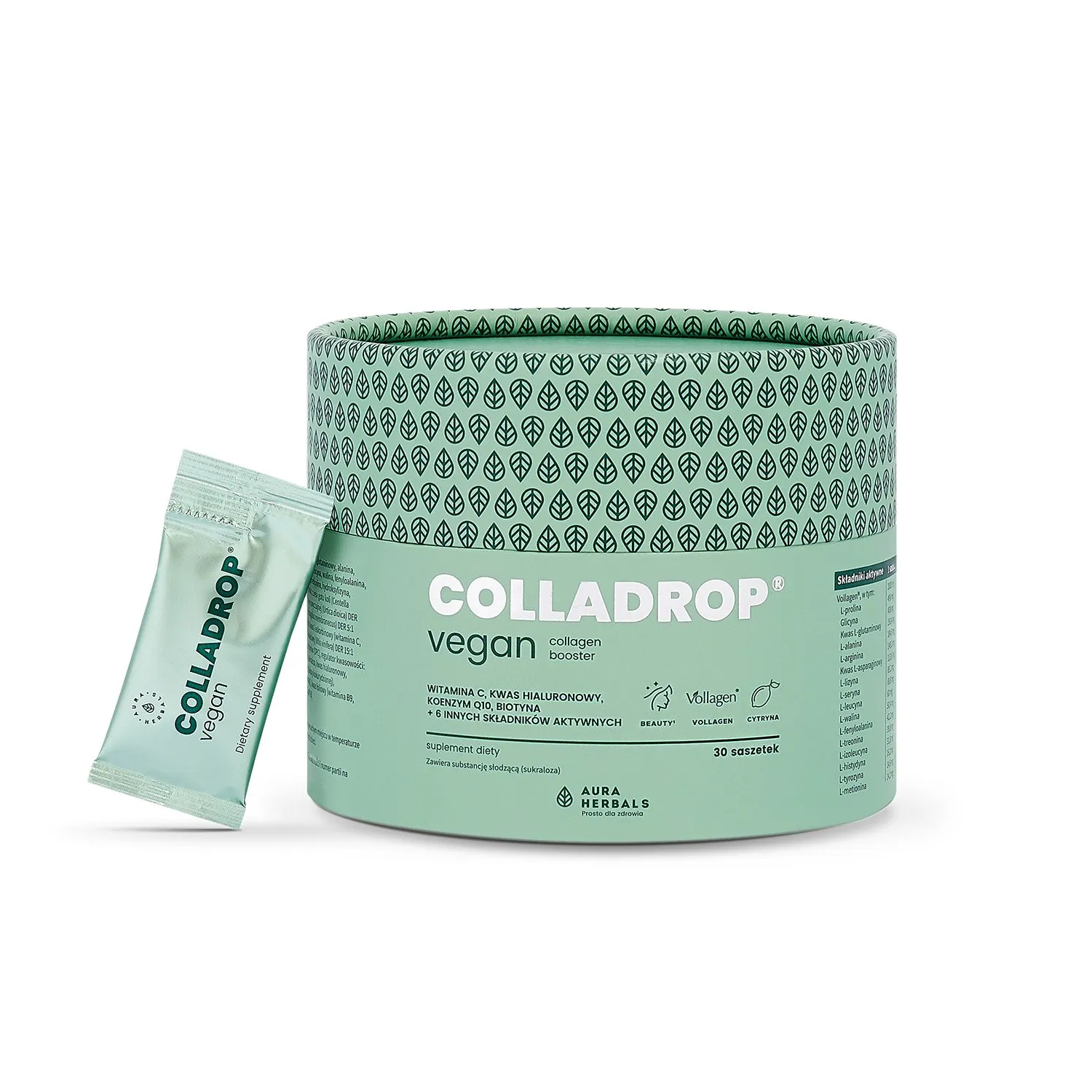 Aura herbals colladrop vegan, collagen vooster vollagen 2000 mg, 30 saszetek