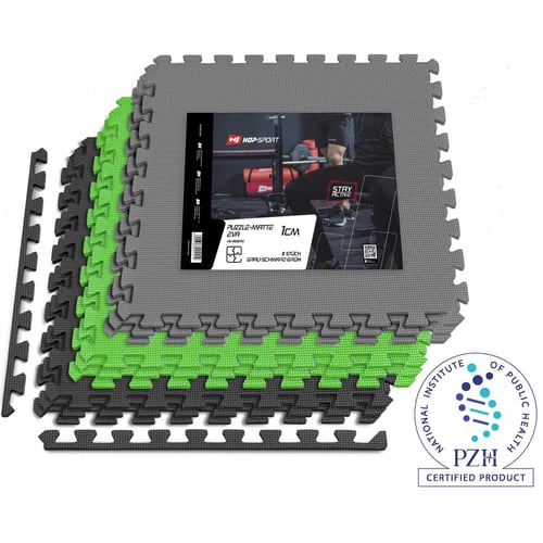 Tapis de protection fitness puzzle en mousse EVA 1 cm - 9 Pièces Noir/Gris/Vert