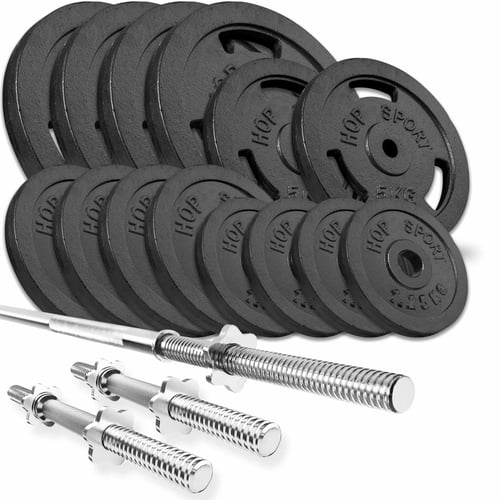 Gusseisen Hantelset 79 kg mit Langhantel und Kurzhanteln