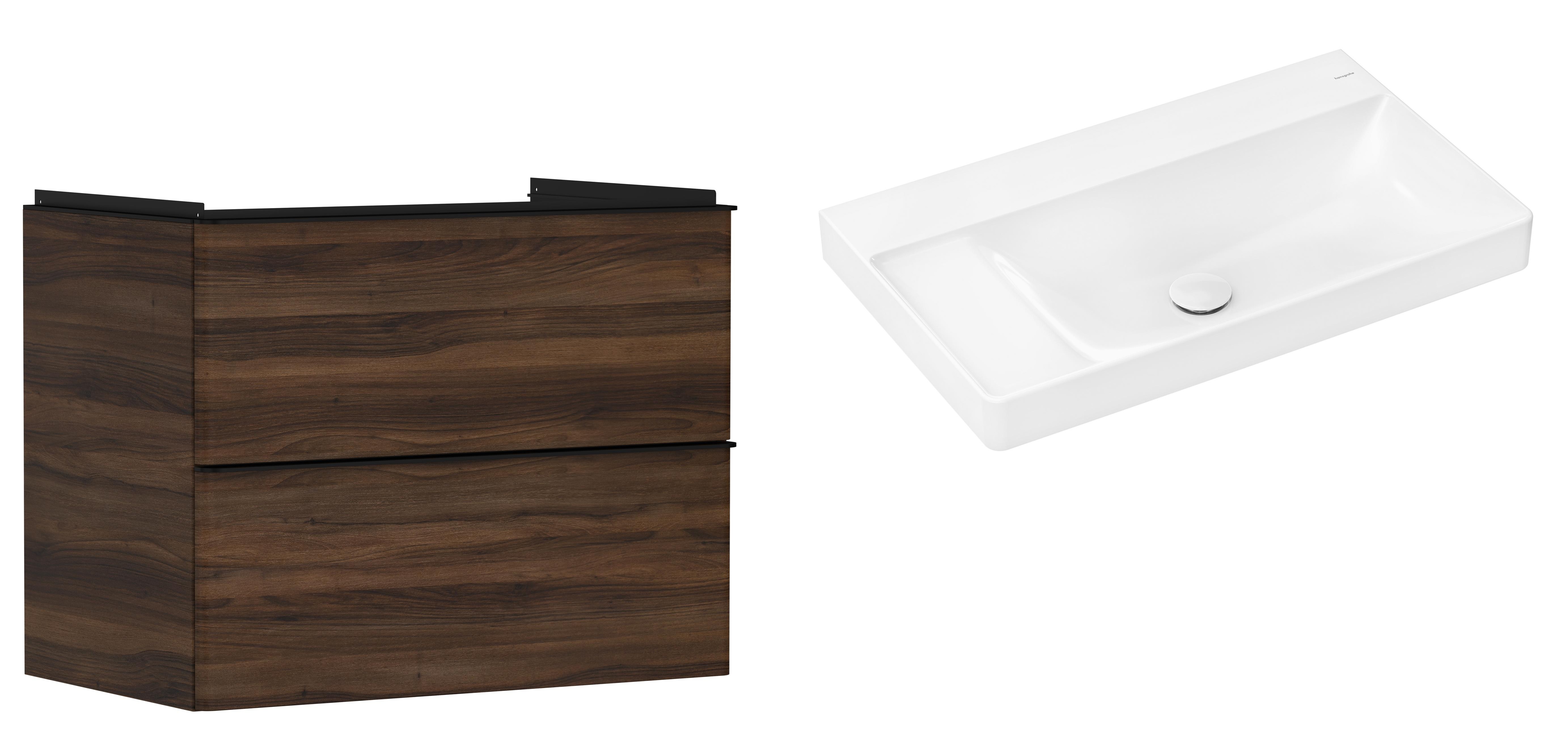 Hansgrohe Xelu Q szafka wisząca z umywalką 80x48 cm ciemny orzech/czarny mat/biały (54030670, 61032450)