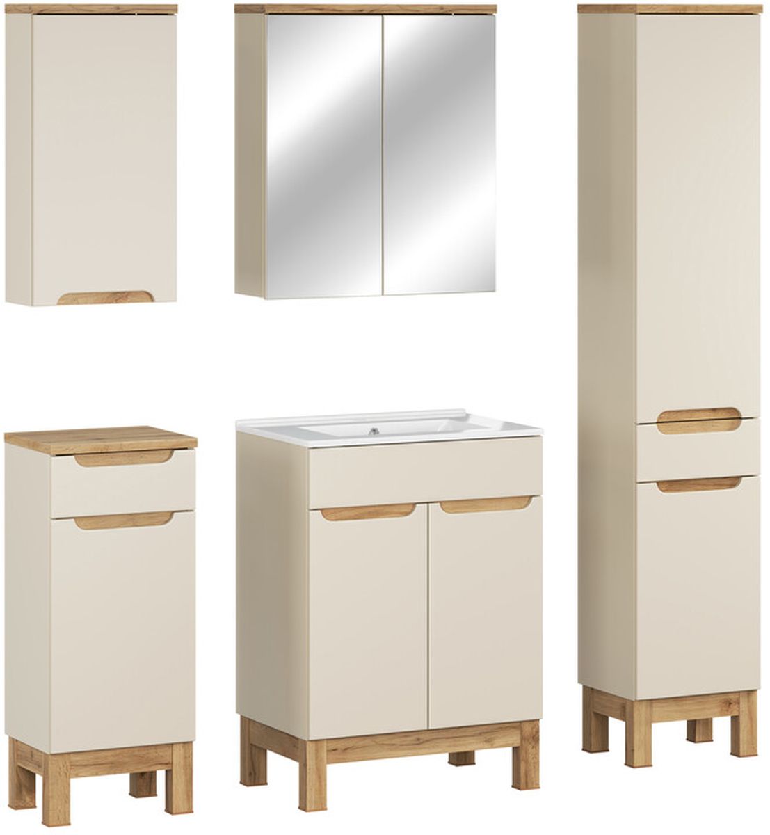 Comad Bali Cashmere zestaw meblowy 60 cm szafka stojąca z umywalką Lava i szafki boczne stojące/wiszące/lustrzana kaszmir/biały ...