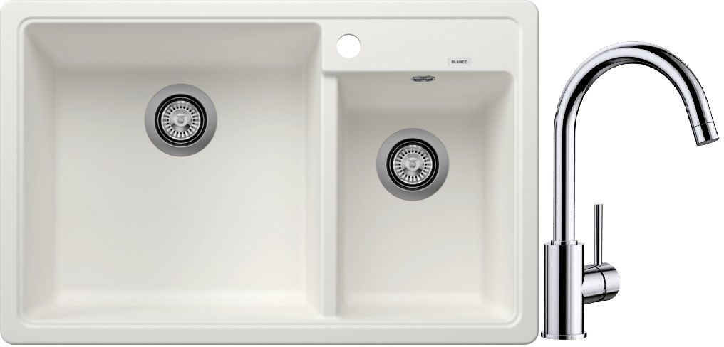 Blanco Legra 8 zlewozmywak 78x50 cm z Silgranit biały z Blanco Mida bateria kuchenna stojąca chrom (526226, 517742)