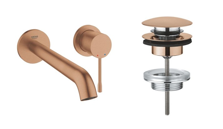 Zestaw Grohe Essence New bateria umywalkowa podtynkowa z korkiem Brushed Warm Sunset (19967DL1, 65807DL0)