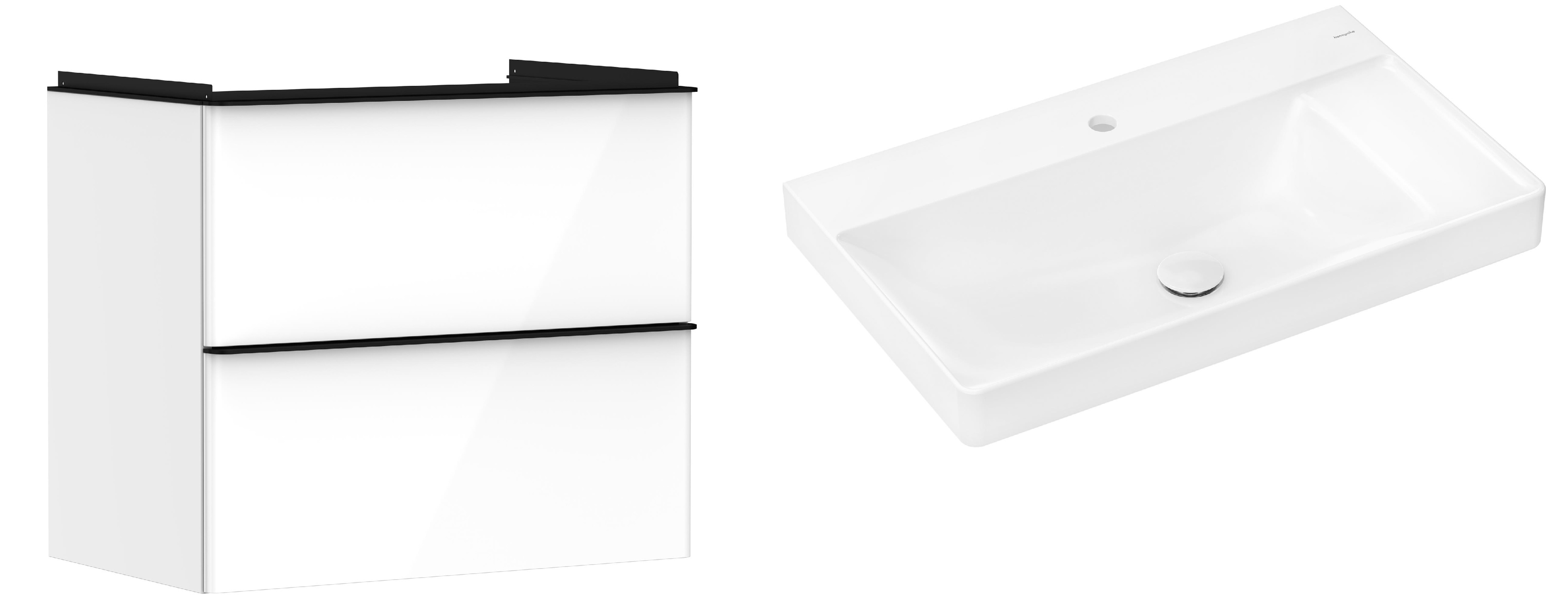 Hansgrohe Xelu Q szafka wisząca z umywalką 80x48 cm biały wysoki połysk/czarny mat/biały (54027670, 61024450)