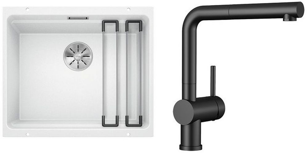Zestaw Blanco Etagon 500-U zlewozmywak granitowy biały z baterią kuchenną Linus-S czarną (522231, 525807) - Wysyłka w 24h