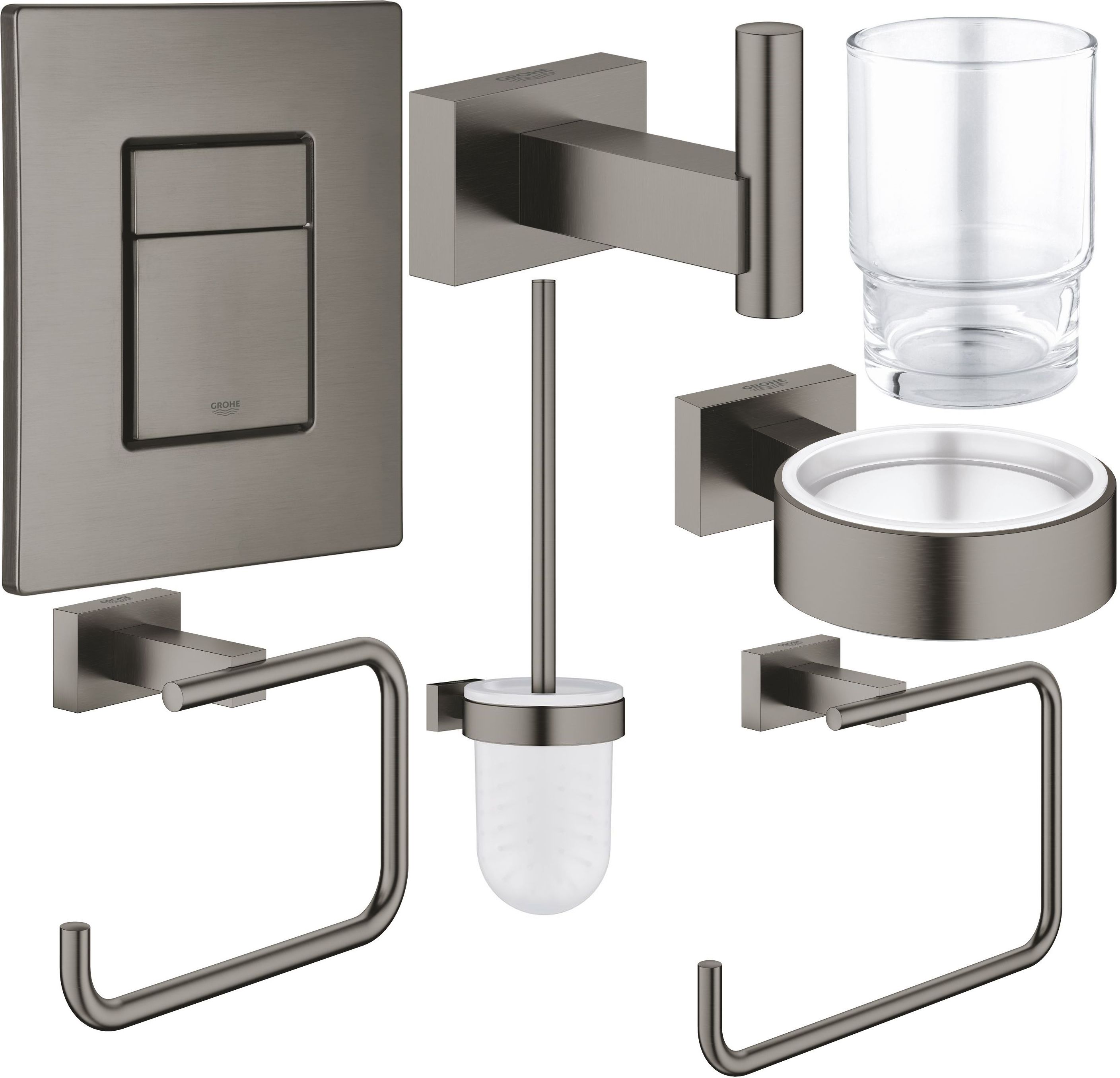 Zestaw Grohe Skate Cosmopolitan przycisk spłukujący z zestawem akcesoriów Essentials Cube brushed hard graphite (38732AL0, 40511AL1, ...