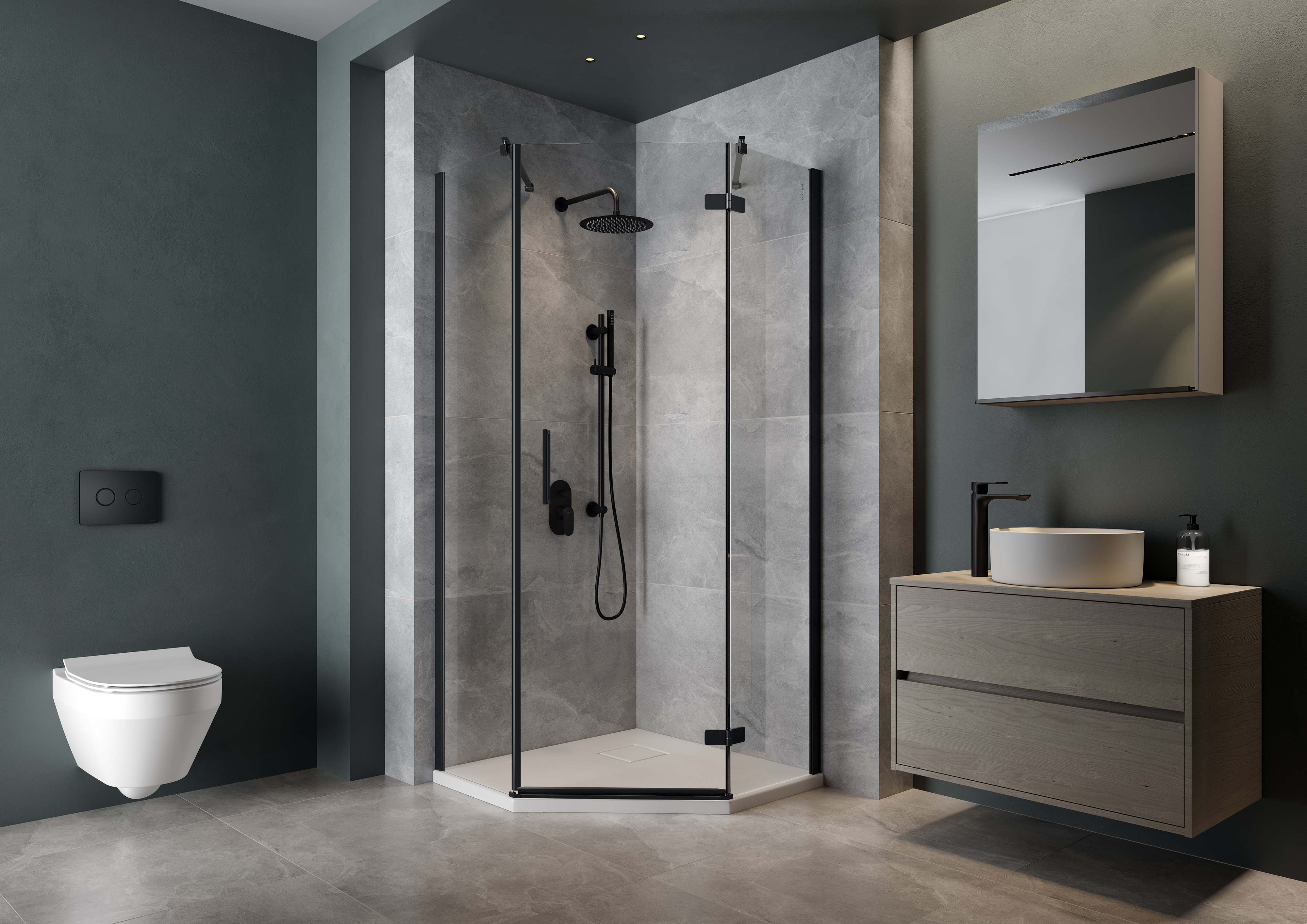 Cersanit City kabina prysznicowa 90x90 cm pięciokątna lewa czarny mat/szkło przezroczyste S584-083 - Wysyłka w 24h