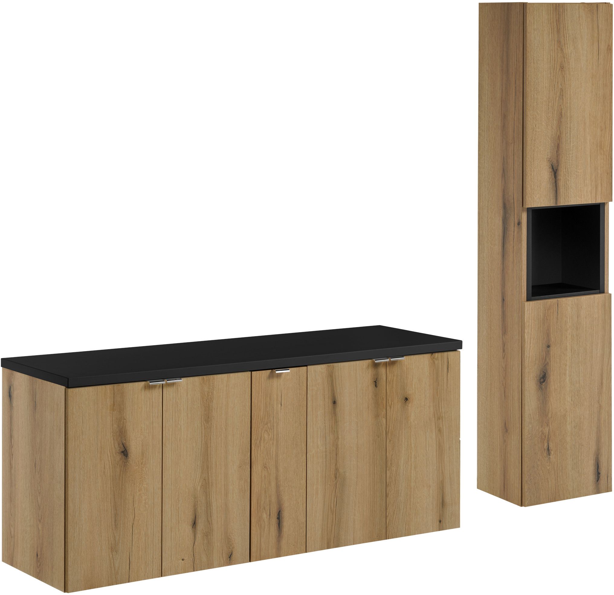 Zestaw Comad Nova Oak/Black szafki 60 cm, 60 cm i 20 cm z blatem meblowym 140 cm dąb/czarny z szafką boczną wysoką i regałem SET-NOA B ...