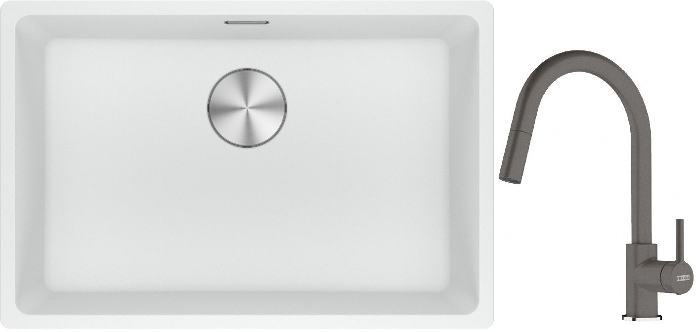 Franke Maris MRG 110-62 zlewozmywak 62x40 cm Fragranite biały polarny z baterią kuchenną Lina kamienny szary (1250687259, 1150626057)