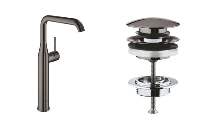 Zestaw Grohe Essence New bateria umywalkowa stojąca wysoka z korkiem Hard Graphite (32901A01, 65807A00)