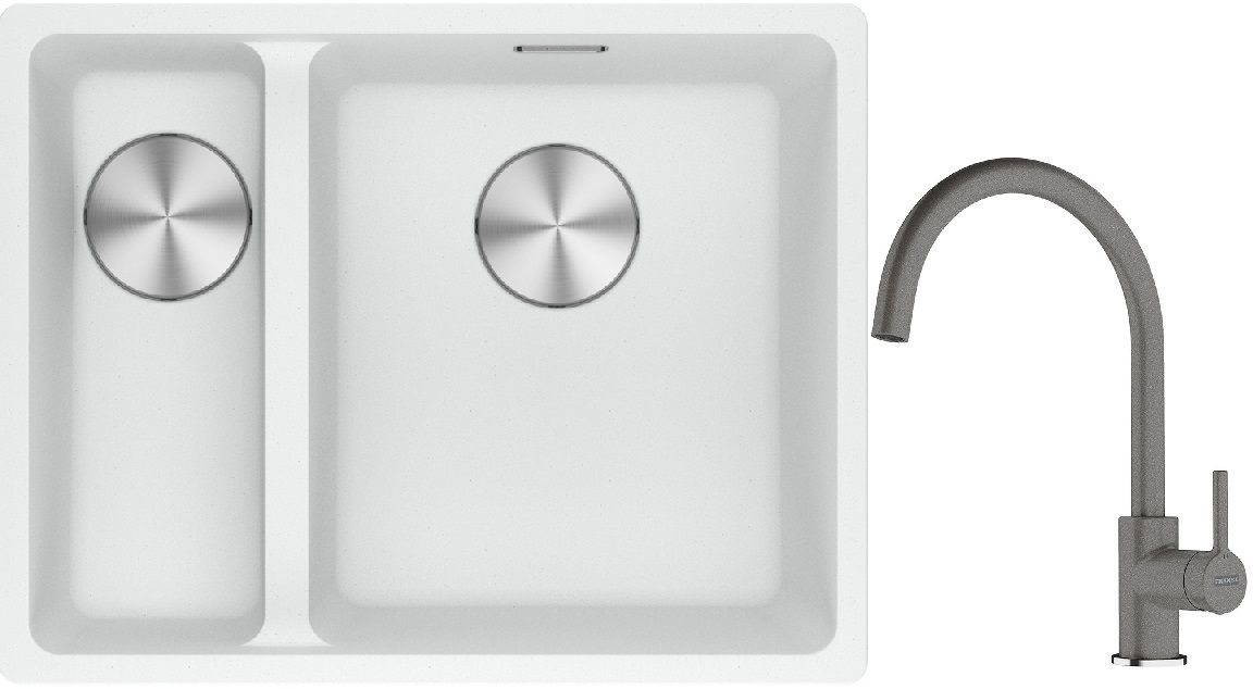 Franke Maris MRG 160-34-15SBL zlewozmywak 52x40 cm Fragranite biały polarny z baterią kuchenną Lina kamienny szary (1250687271, ...