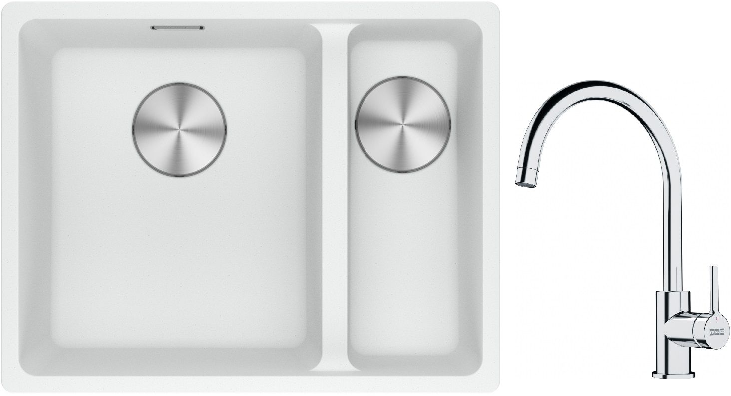 Franke Maris MRG 160-34-15SBR zlewozmywak 52x40 cm Fragranite biały polarny z baterią kuchenną Lina chrom (1250687267, 1150693228)