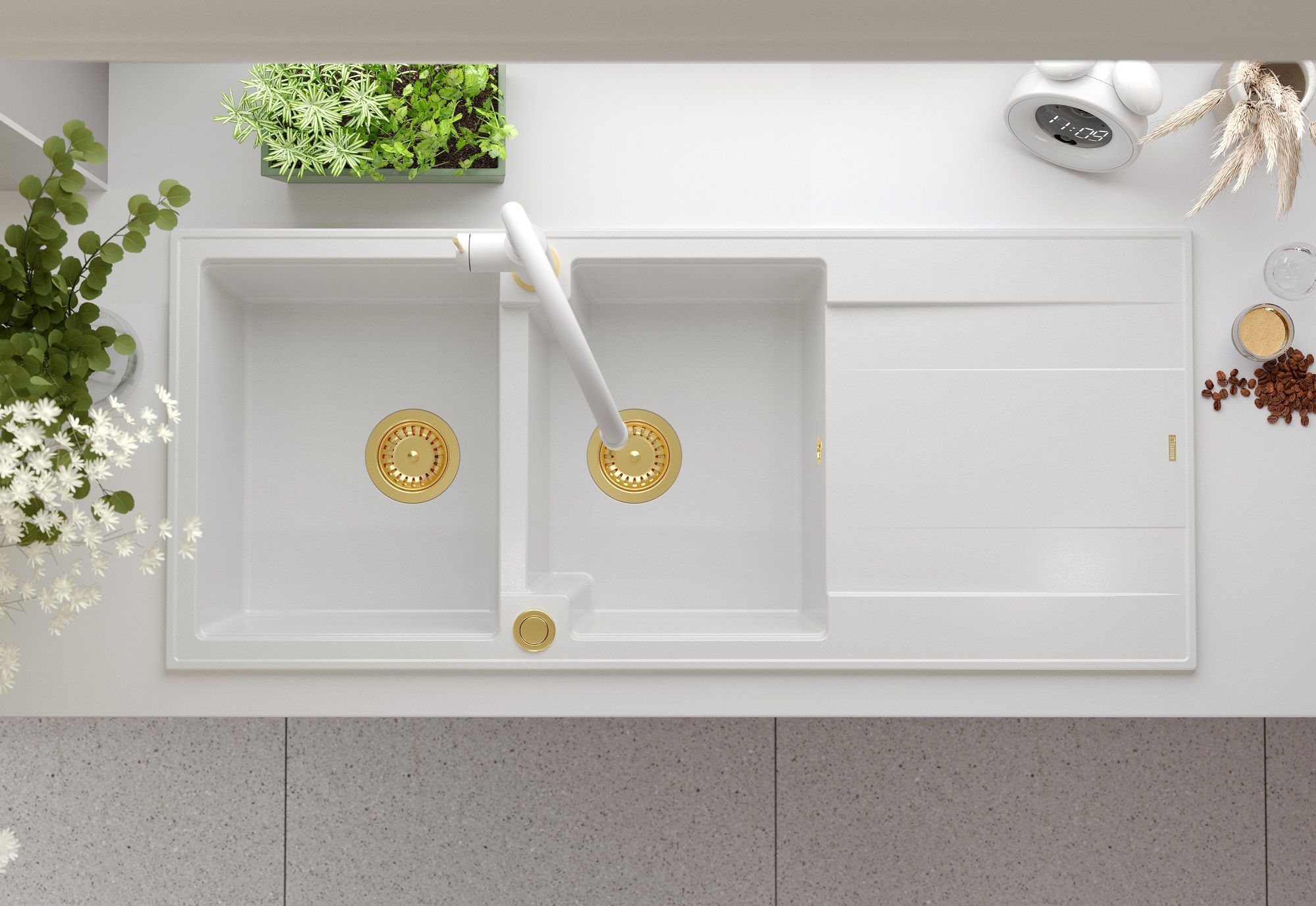 Quadron Evan 121 zlewozmywak 116x50 cm GraniteQ snow white/elementy złote HQE11650U1_PVDG1_P2O