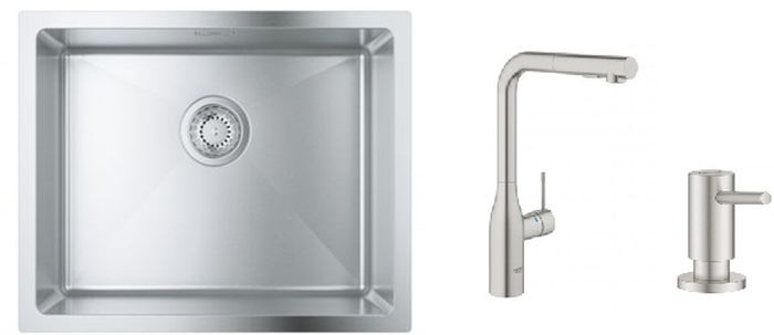 Zestaw Grohe K700 zlewozmywak stalowy satyna z baterią kuchenną Essnce stal i dozownikiem płynów Cosmopolitan (31574SD1, 30270DC0, ... - Wysyłka w 24h