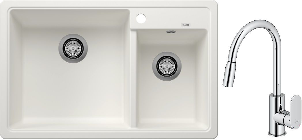 Blanco Legra 8 zlewozmywak 78x50 cm z Silgranit biały z Oltens Lista bateria kuchenna stojąca z wyciąganą wylewką chrom (526226, ...