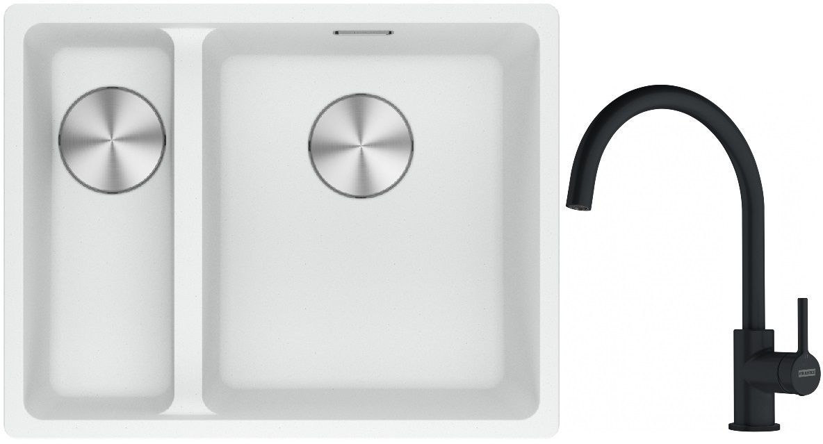 Franke Maris MRG 160-34-15SBL zlewozmywak 52x40 cm Fragranite biały polarny z baterią kuchenną Lina czarny mat (1250687271, 1150626019)