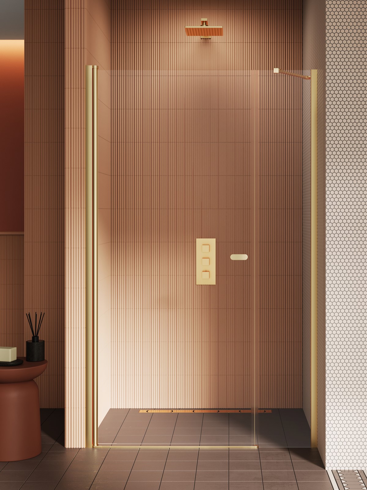 New Trendy New Soleo drzwi prysznicowe 110 cm uchylne złoty szczotkowany/szkło przezroczyste D-0944A-WP