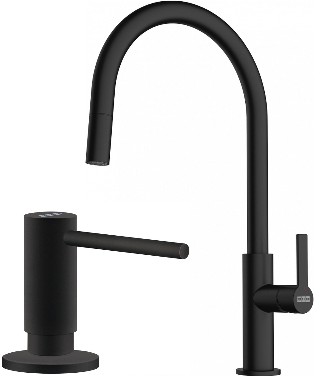 Zestaw Franke Maris Slim J Pull-Out bateria kuchenna stojąca z dozownikiem do płynów 300 ml czarny mat (1150728389, 1190547906)