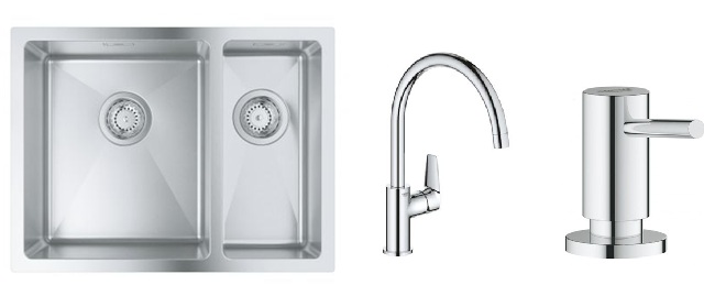 Zestaw Grohe K700 zlewozmywak stalowy 59,5x45 cm satyna z baterią kuchenną Start Edge chrom i dozownikiem płynów Cosmopolitan 500 ml ... - Wysyłka w 
