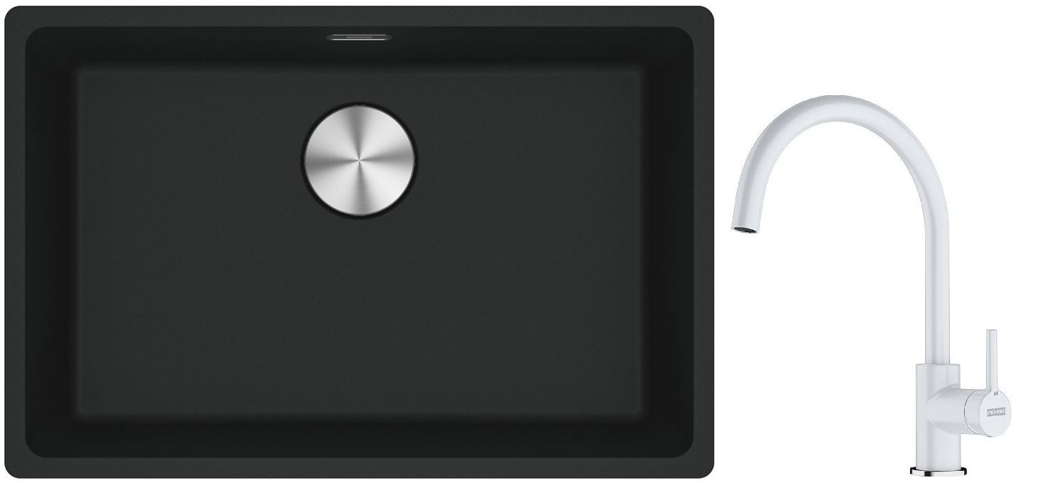 Franke Maris MRG 110-62 zlewozmywak 62x40 cm Fragranite czarny mat z baterią kuchenną Lina biały polarny (1250687256, 1150626024)