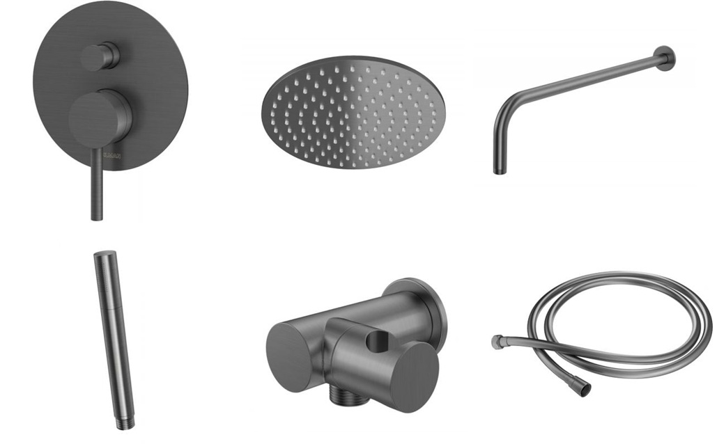 Zestaw Axel Gray bateria wannowo-prysznicowa podtynkowa z deszczownicą i zestawem natryskowym Experience Gray grafit QW210AGR25/SP4EG