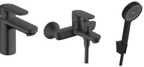 Zestaw Hansgrohe Vernis Blend bateria umywalkowa i wannowo-prysznicowa z kompletem natryskowym ścienny czarny mat (71580670, 71440670, ...