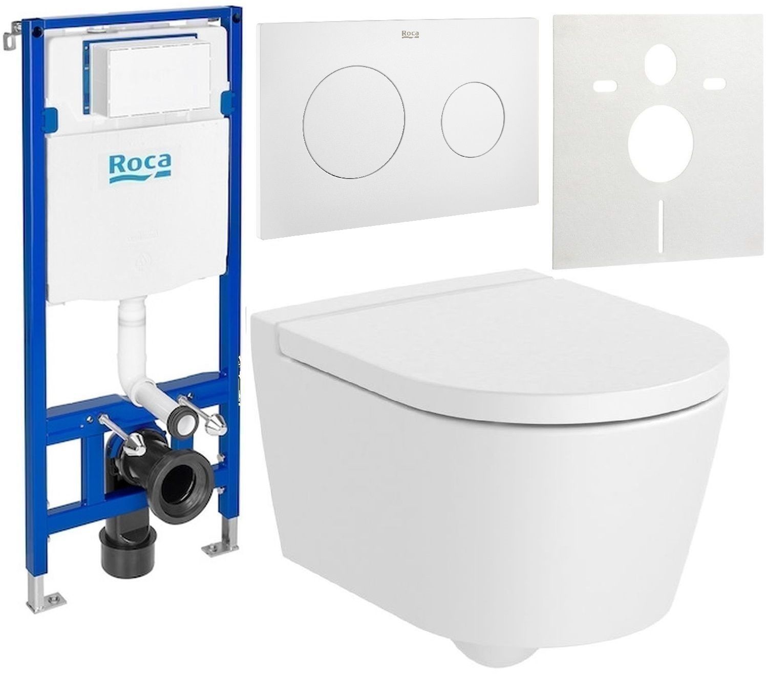 Zestaw Roca Inspira miska WC wisząca Rimless z deską sedesową wolnoopadającą i stelaż podtynkowy Duplo One z przyciskiem ...