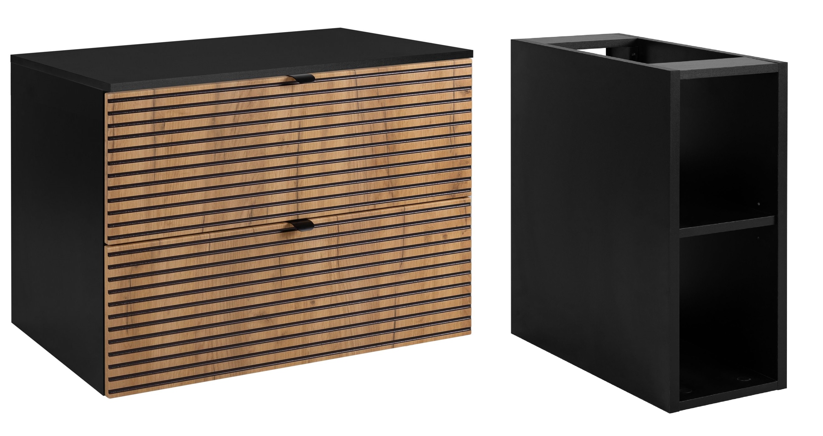 Zestaw Rodan Loft szafka z blatem 80 cm podumywalkowa wisząca z szafką 57 cm boczną czarny/dąb (5906154450942, 5906154452120, ...