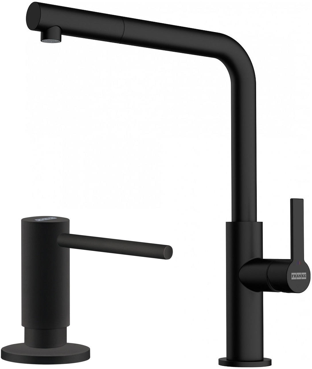 Zestaw Franke Maris Slim L Pull-Out bateria kuchenna stojąca z dozownikiem do płynów 300 ml czarny mat (1150728394, 1190547906)