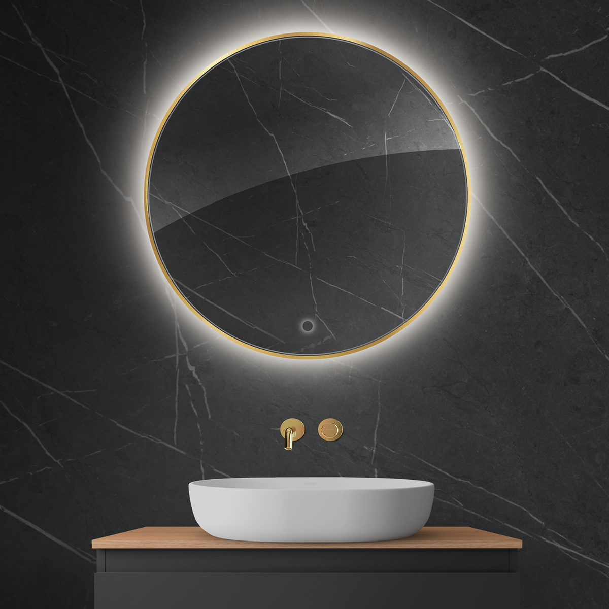 Oltens Nordlis lustro 80x80 cm okrągłe z oświetleniem od tyłu z matą grzewczą złoty 64109800 - Wysyłka w 24h