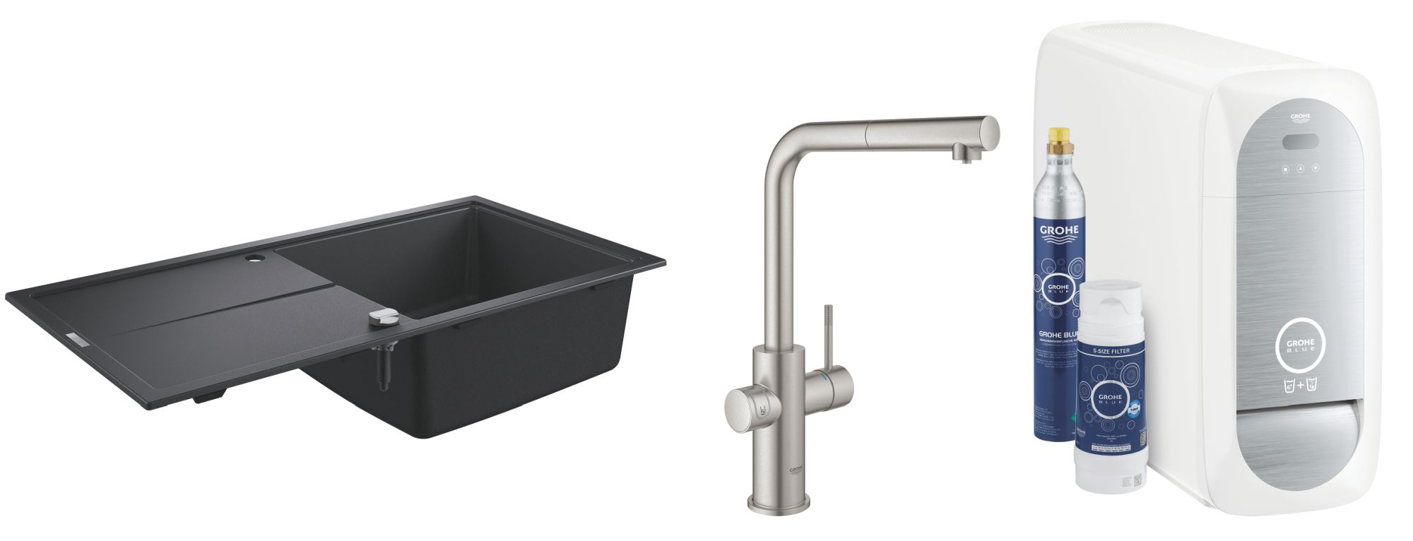 Zestaw Grohe K400 zlewozmywak 100x50 cm czarny granit z baterią kuchenną filtrującą Blue Home stal nierdzewna (31641AP0, 31539DC0)