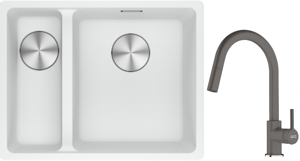 Franke Maris MRG 160-34-15SBL zlewozmywak 52x40 cm Fragranite biały polarny z baterią kuchenną Lina kamienny szary (1250687271, ...