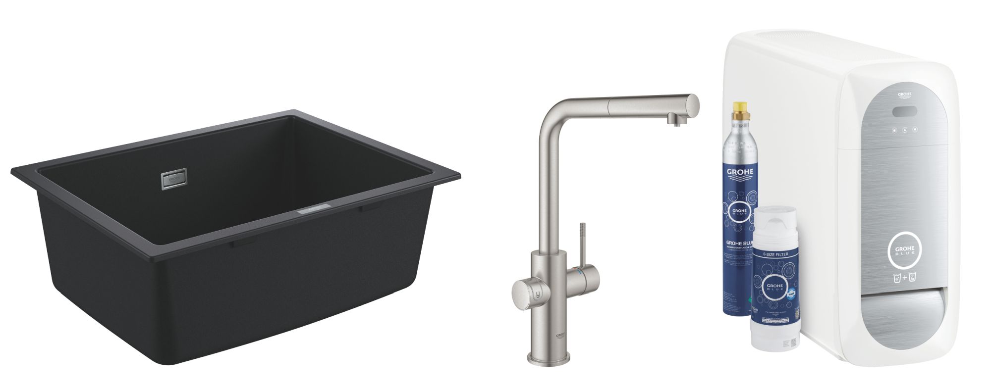 Zestaw Grohe K700 zlewozmywak 61x46 cm czarny granit z baterią kuchenną filtrującą Blue Home stal nierdzewna (31655AP0, 31539DC0)