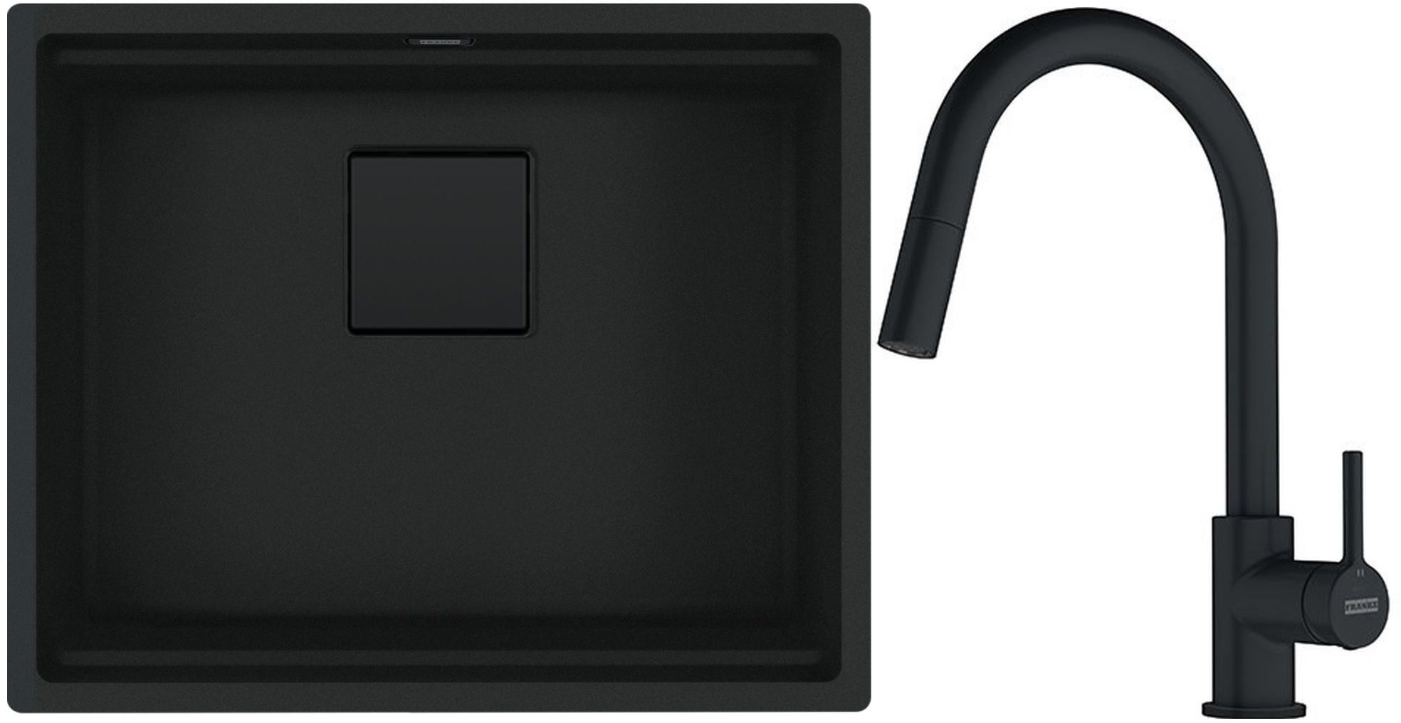 Franke Kanon KNG 110-52 zlewozmywak 56x46 cm Fragranite czarny mat z baterią kuchenną Lina Pull-Out czarny mat (1250721150, 1150626053)