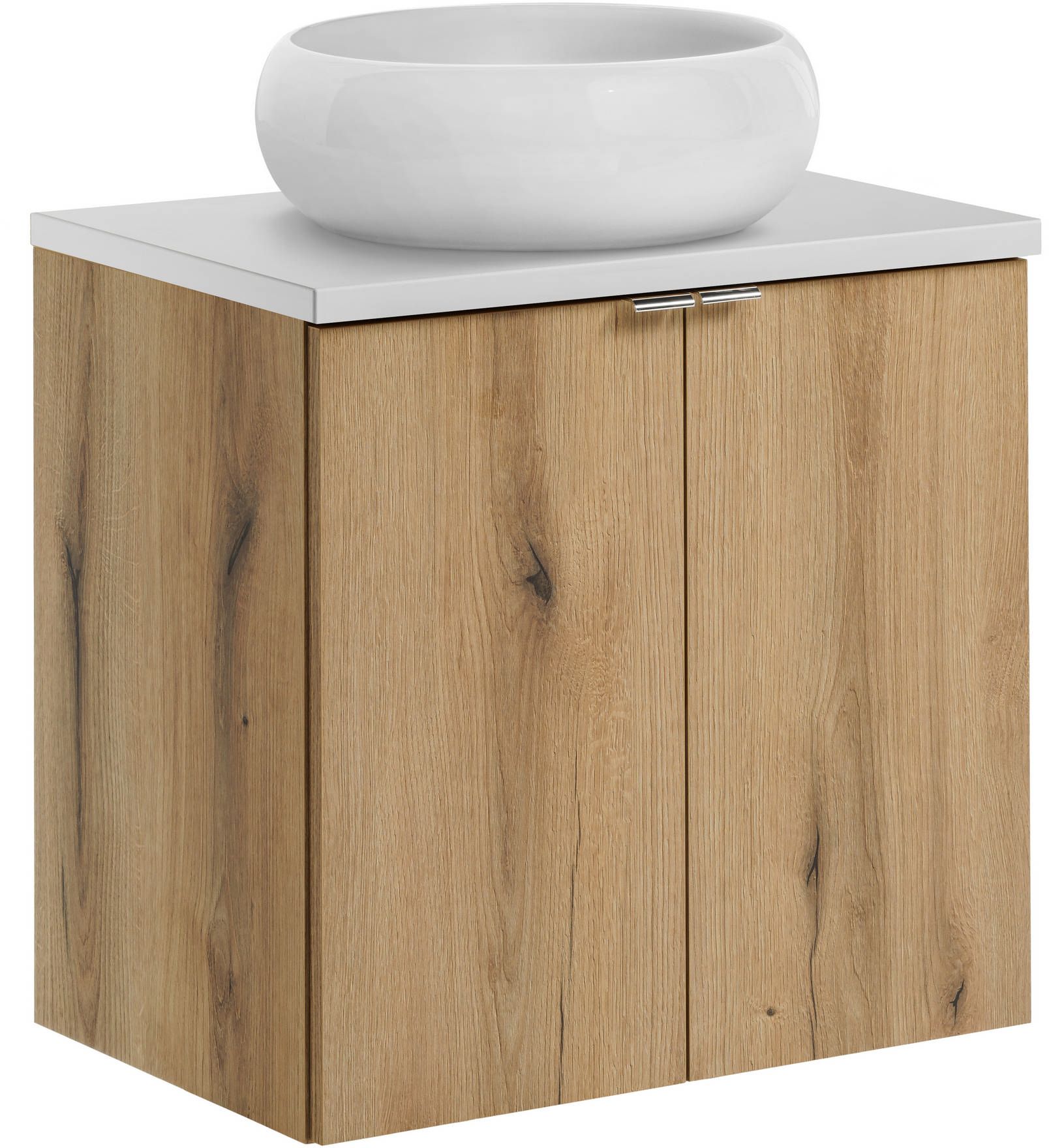 Zestaw Comad Nova Oak/White szafka z blatem 60 cm wisząca dąb/biały i umywalka 36x36 cm biała SET-NOA B WHITE 60CM D UN WIKI SW