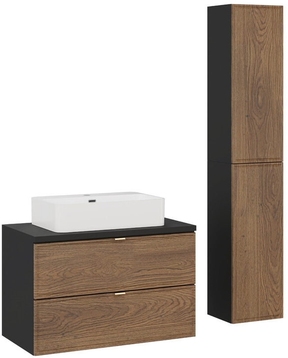 Zestaw Comad Talia Casella umywalka nablatowa Trust biała z szafką podumywalkową 80 cm i dwie szafki boczne półwysokie dąb-czarny ...