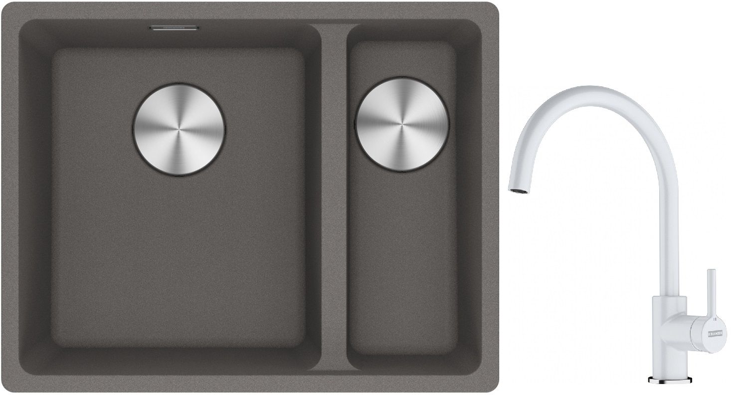 Franke Maris MRG 160-34-15SBR zlewozmywak 52x40 cm Fragranite kamienny szary z baterią kuchenną Lina biały polarny (1250687266, ...
