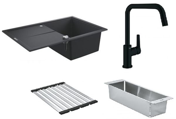 Zestaw Grohe K400 zlewozmywak granitowy czarny z baterią kuchenną Start, ociekaczem i wkładką ociekową stal (31639AP0, 304702430, ...