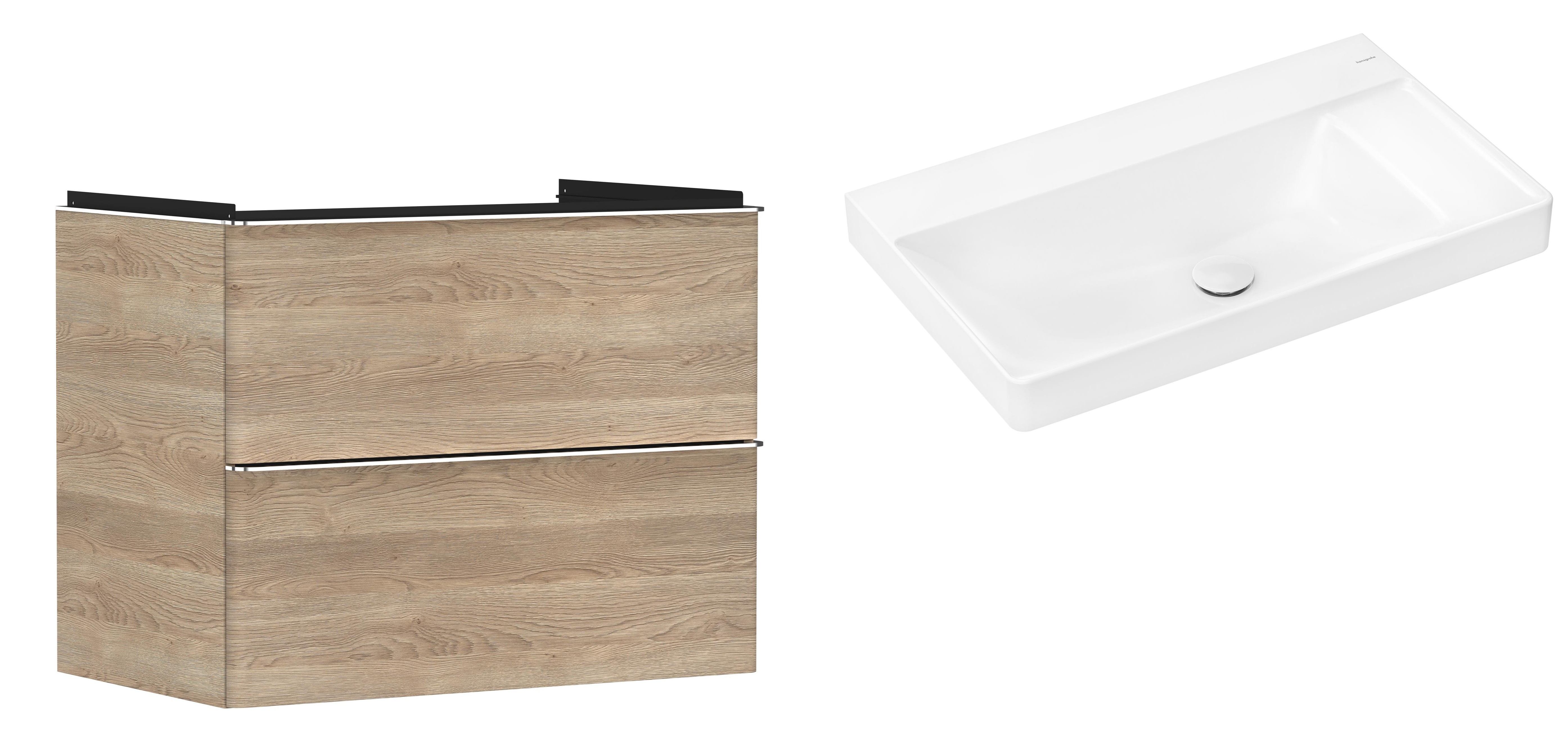 Hansgrohe Xelu Q szafka wisząca z umywalką 80x48 cm naturalny dąb/chrom/biały (54029000, 61026450)