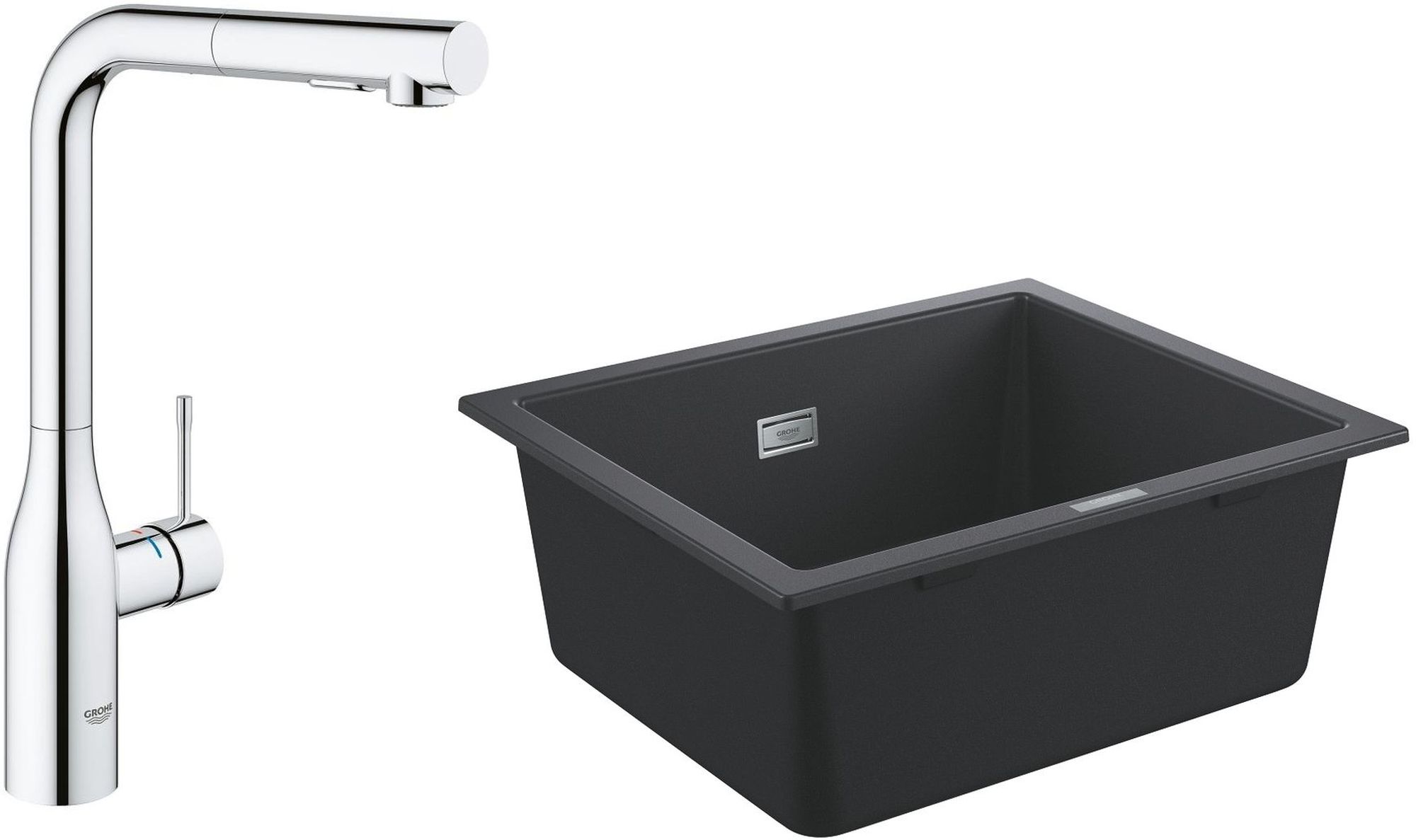 Zestaw Grohe K700 zlewozmywak 53,3x45,7 cm czarny granit z baterią kuchenną Essence chrom (31654AP0, 30270000) - Wysyłka w 24h