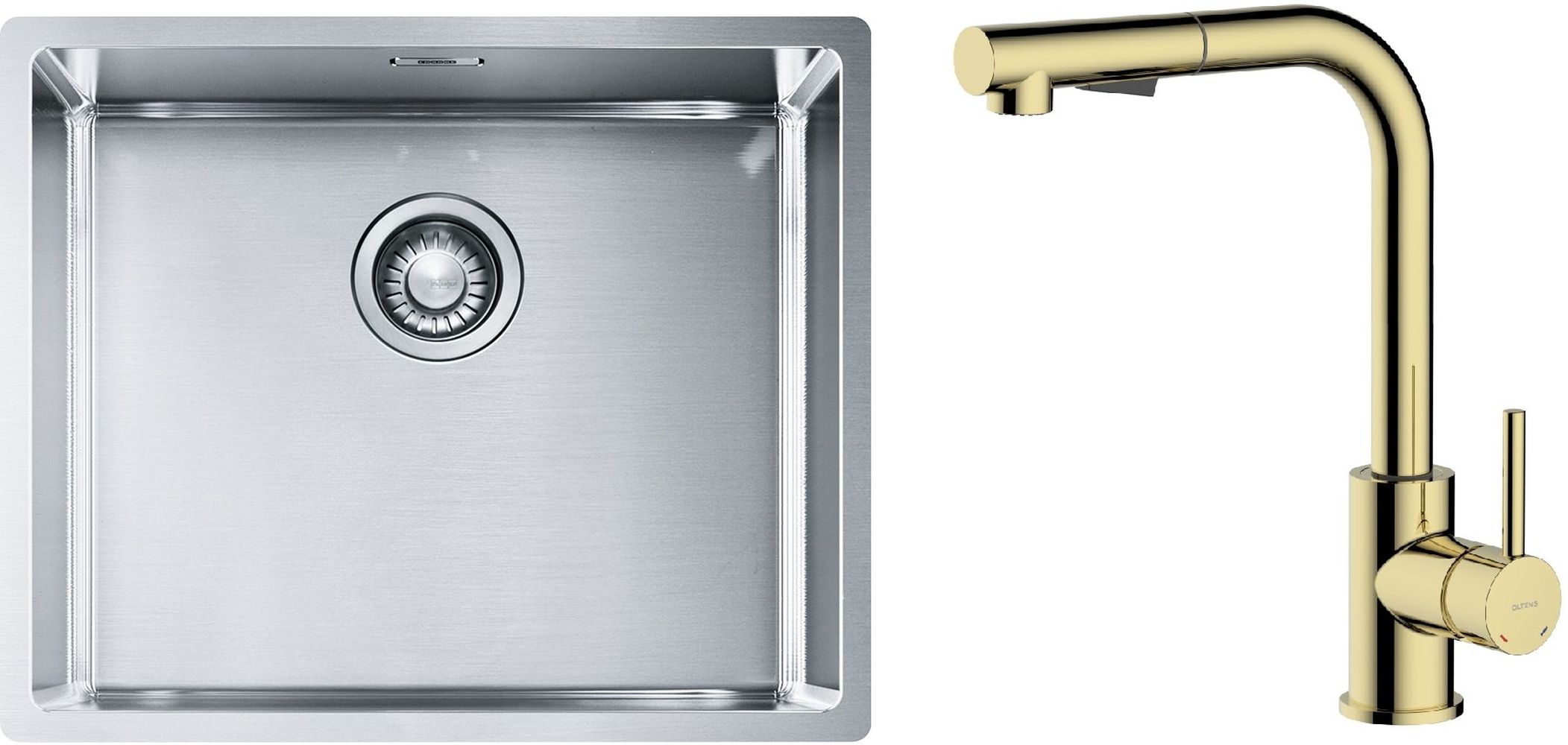 Zestaw Franke Box BXX 210/110-50 zlewozmywak stalowy 54x45 cm z baterią kuchenną Oltens Myvat stal/złoty połysk (1270453656, 35205800)