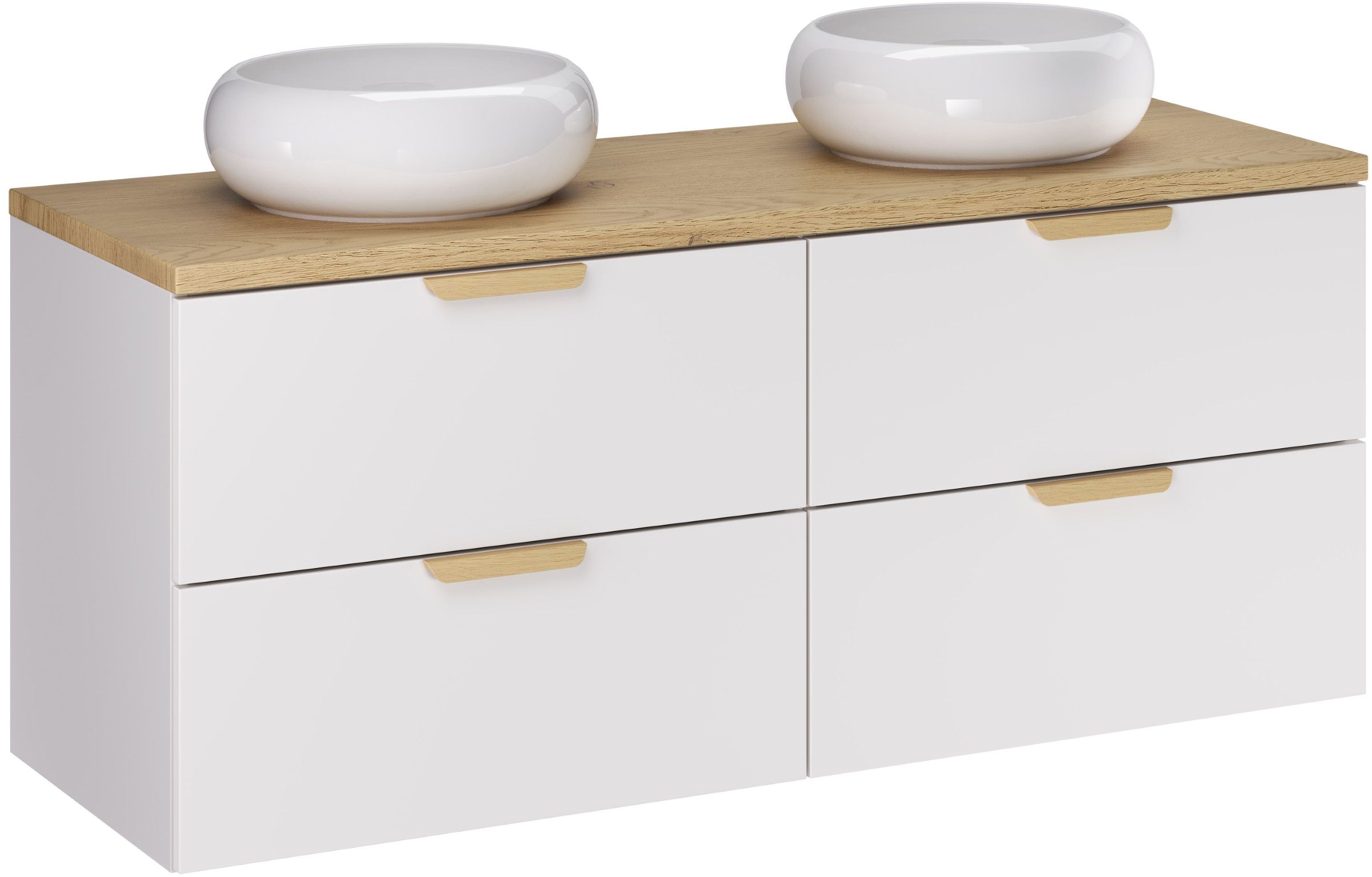 Zestaw Comad Aster White dwie szafki 60 cm podumywalkowe wiszące z blatem 120 cm i umywalkami biały/dąb SET-ASW B CREMONA 120CM UN WIKI