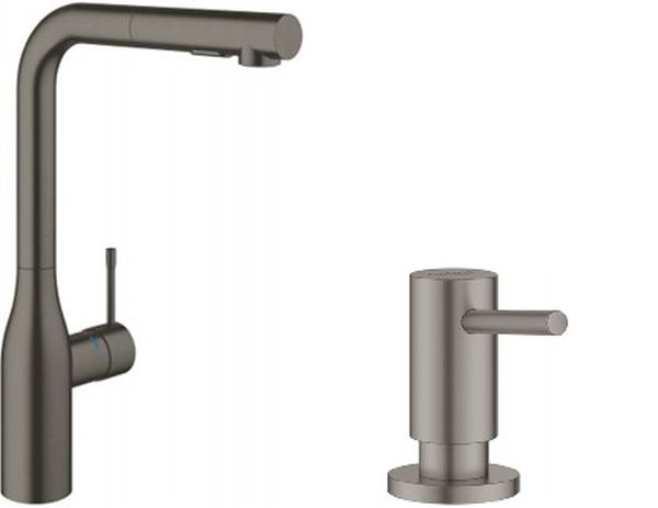 Zestaw Grohe Essence bateria kuchenna Brushed Hard Graphite z dozownikiem płynów Cosmopolitan (30270AL0, 40535AL0)