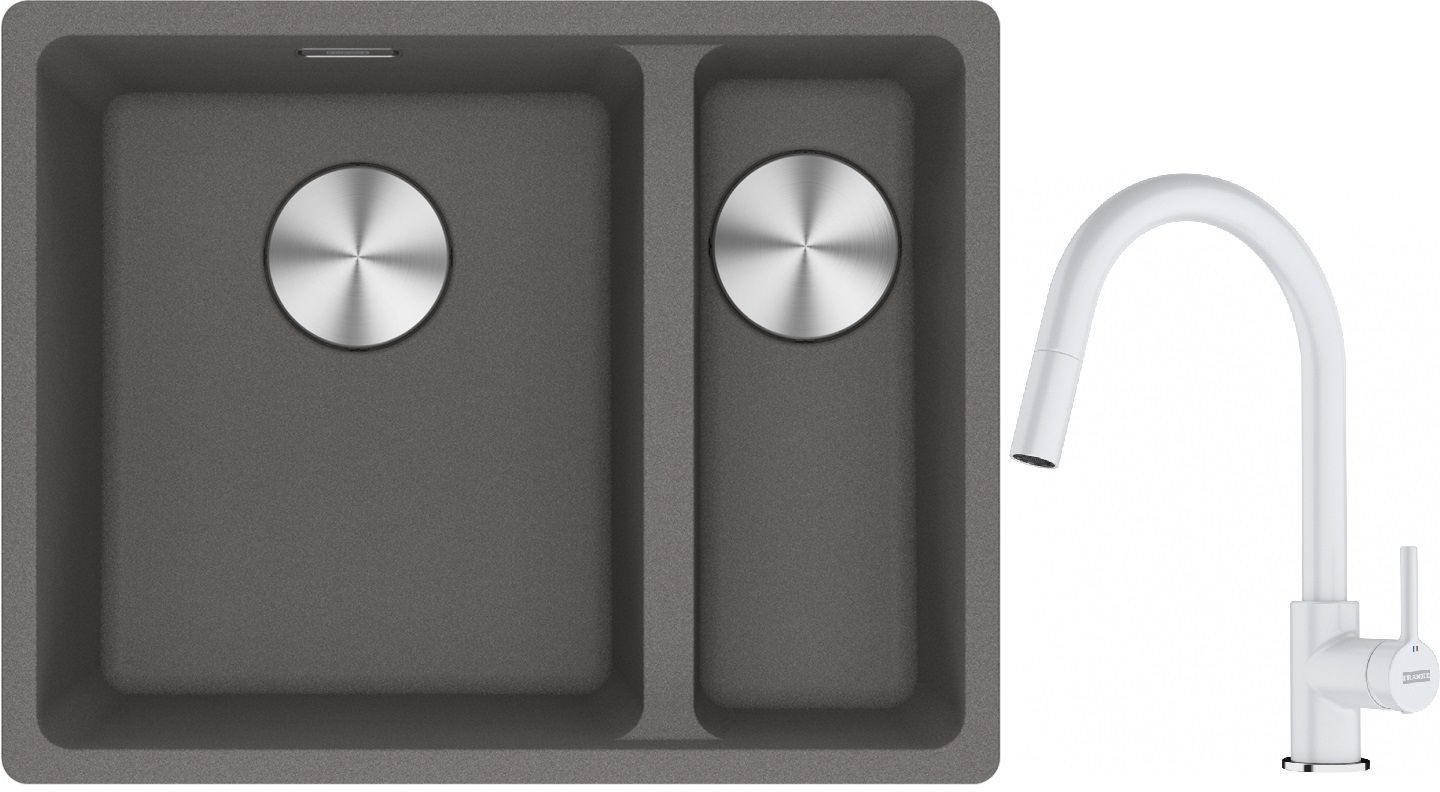 Franke Maris MRG 160-34-15SBR zlewozmywak 52x40 cm Fragranite kamienny szary z baterią kuchenną Lina biały polarny (1250687266, ...