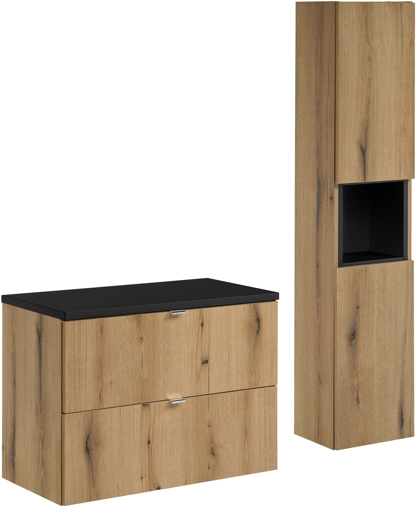 Zestaw Comad Nova Oak/Black szafka z blatem 80 cm wisząca i boczna wysoka z wkładem regału dąb/czarny SET-NOA B BLACK 80CM S HC