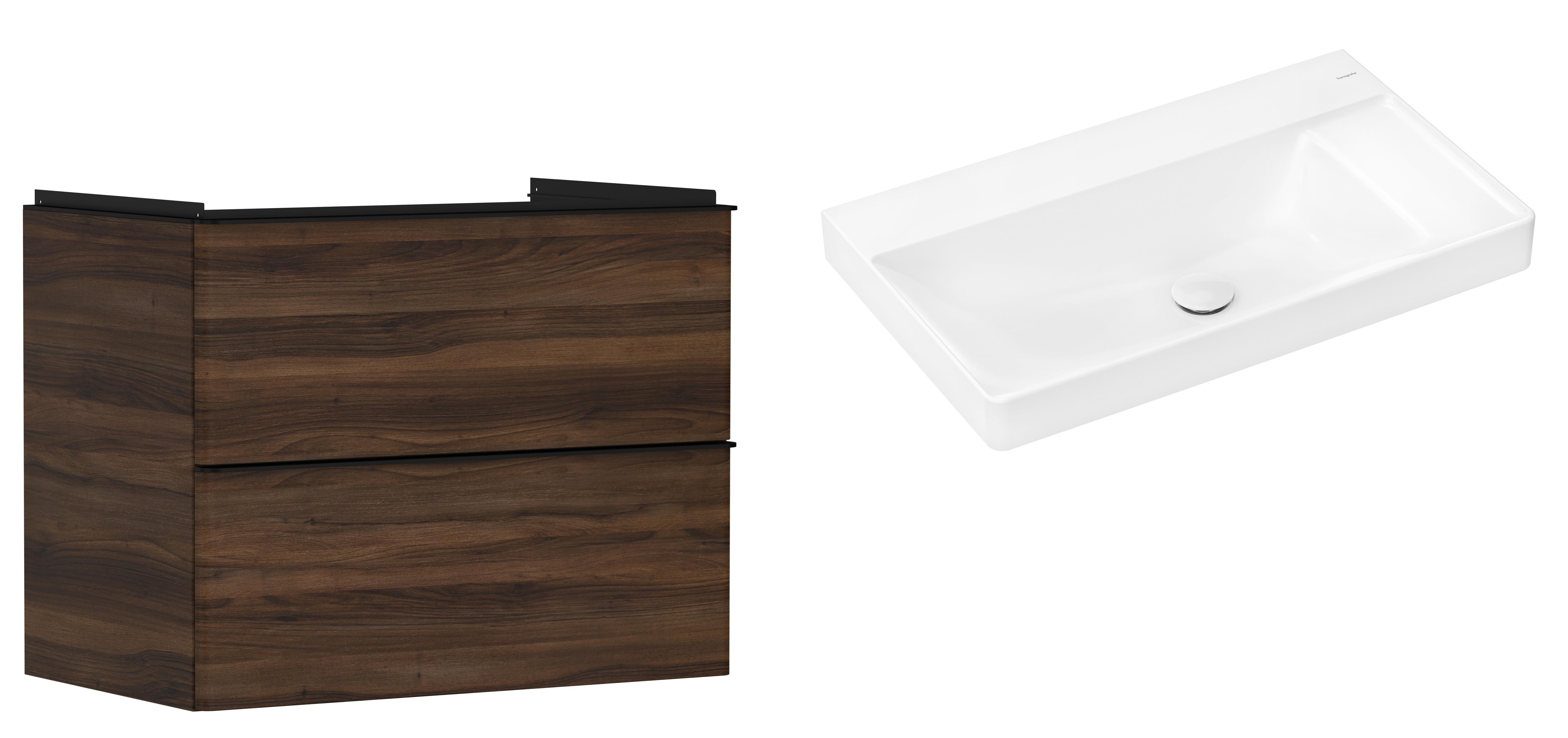 Hansgrohe Xelu Q szafka wisząca z umywalką 80x48 cm ciemny orzech/czarny mat/biały (54030670, 61026450)