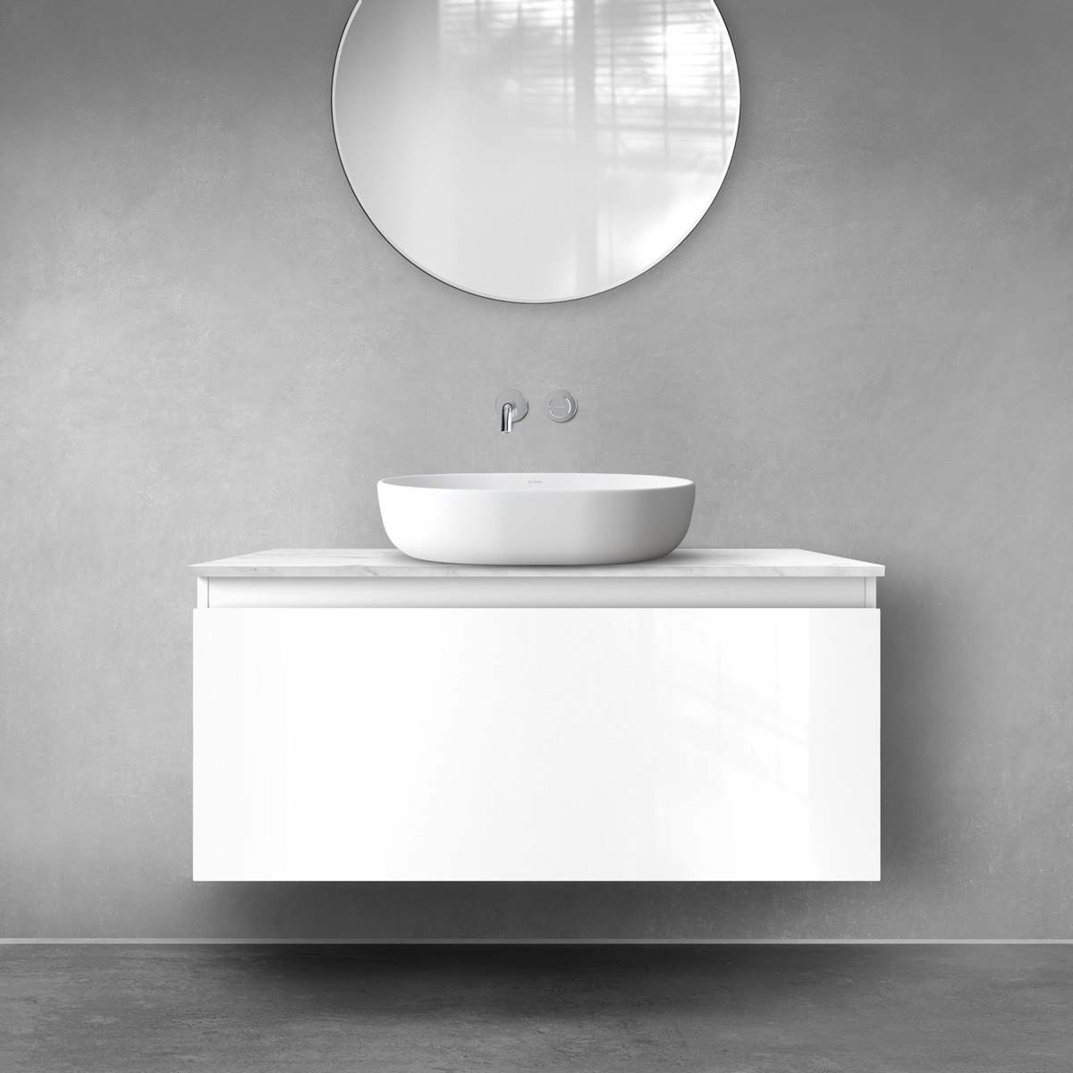 Zestaw Oltens Vernal szafka 100 cm podumywalkowa wisząca z blatem Tera biały połysk/jasny marmur 68712000