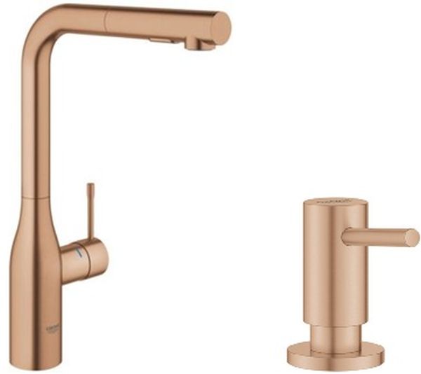 Zestaw Grohe Essence bateria kuchenna Brushed Warm Sunset z dozownikiem płynów Cosmopolitan (30270DL0, 40535DL0)